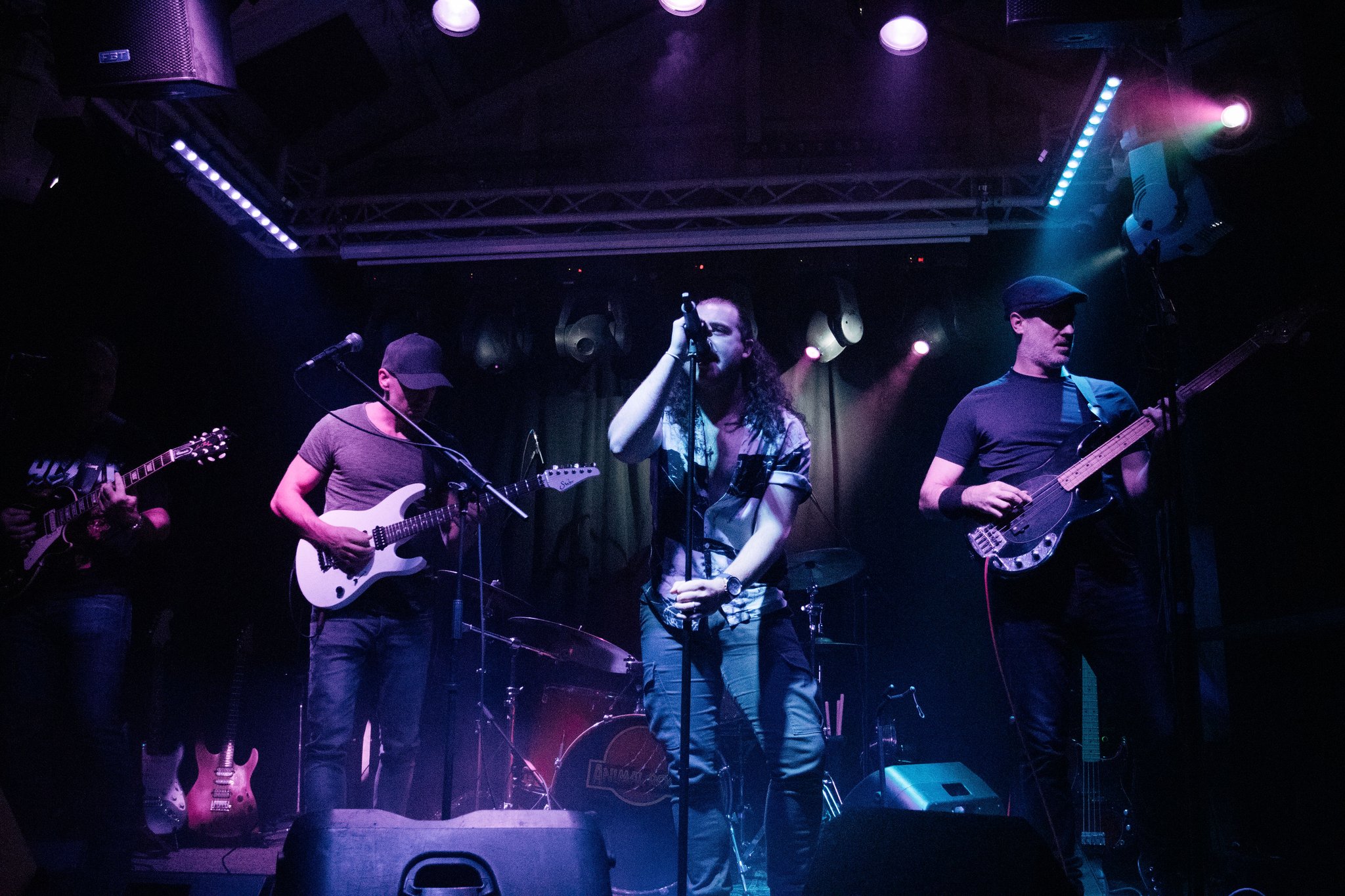 Animal Room performing live, with the vocalist, guitarists and bassist under stage lights.